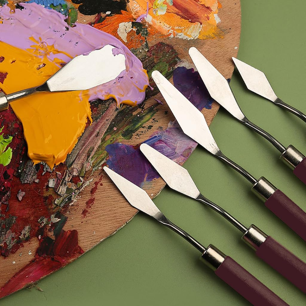 OFIFO Acrylic Paint Scraper Tool Set of 7 for Art Projects with Ergonomic Wooden Handles | Stainless Steel Palette Knives for Mixing and Spreading