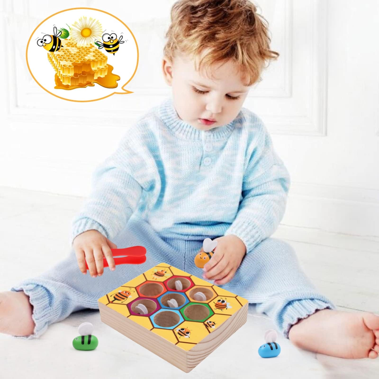 PATPAT Color Sorting Toys for 1 Year Old, Wooden Toys for Kids, Bee to Hive Matching Toy, Fine Motor Skills Toy Montessori Toys Sensory Toys for Kids, Busy Board for Toddlers 1-3, Children's Day Gift