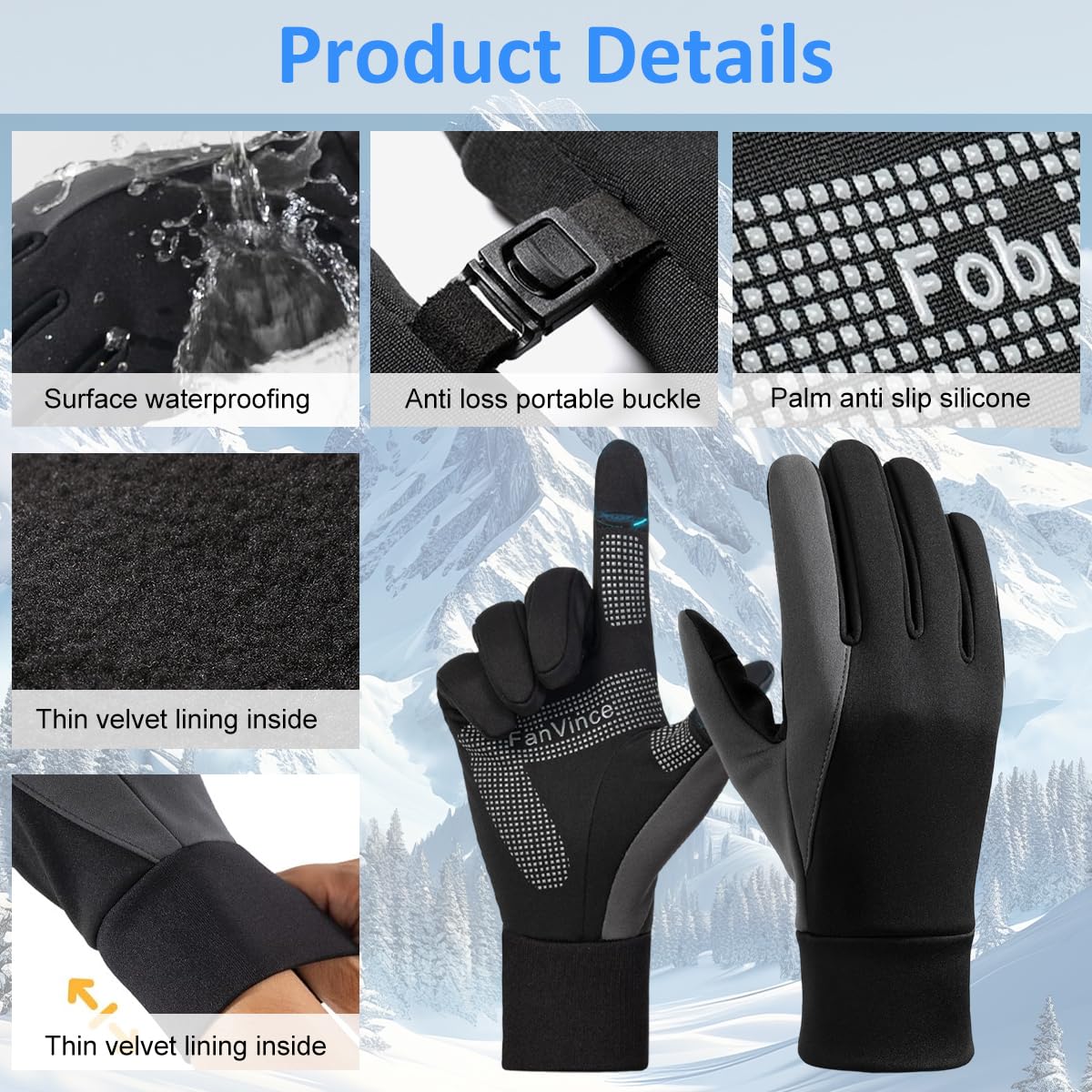GUSTAVE Winter Gloves for Men with Touchscreen Fingertips and Anti Slip Palm | Black Grey