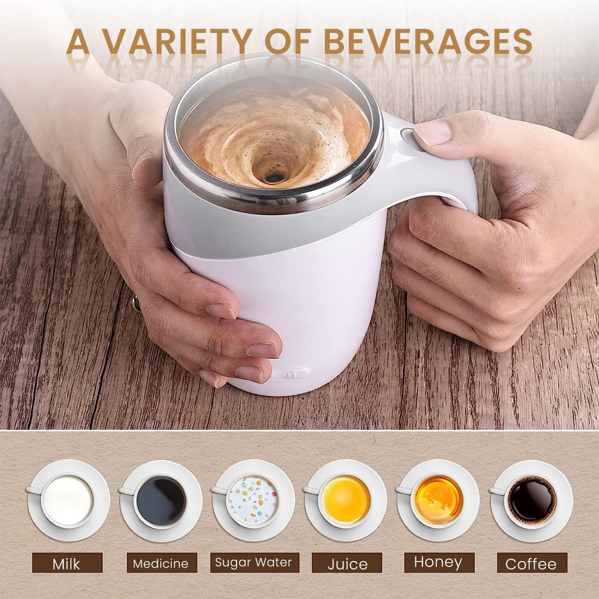 Supvox Self Stirring Mug for Coffee and Tea with 380ml Capacity featuring Magnet Auto Mixing and 304 Stainless Steel | USB Rechargeable Cup