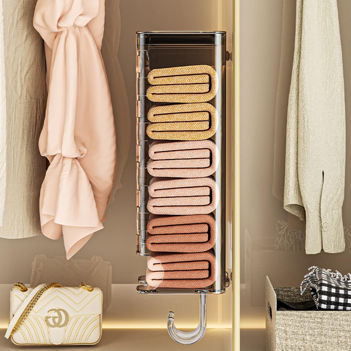 HASTHIP Vertical Wardrobe Organizer for Socks and Towels with Self Adhesive Hooks | Transparent Acrylic Storage