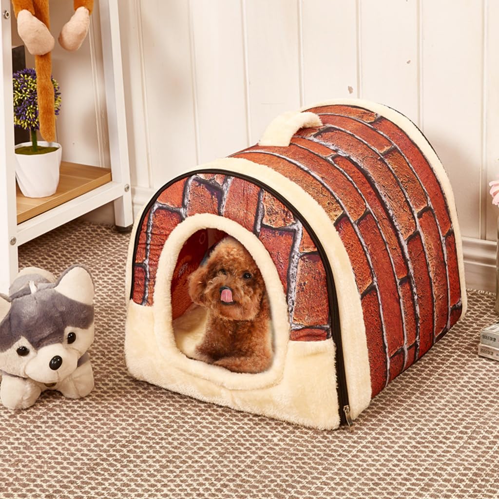 Qpets® Cat House Winter, Dog Beds and Houses, Cozy house with Detachable Roof, Portable Handle All Season Use Cat Bed, Creative Print Pet House for Small Medium Cat or Dog, M