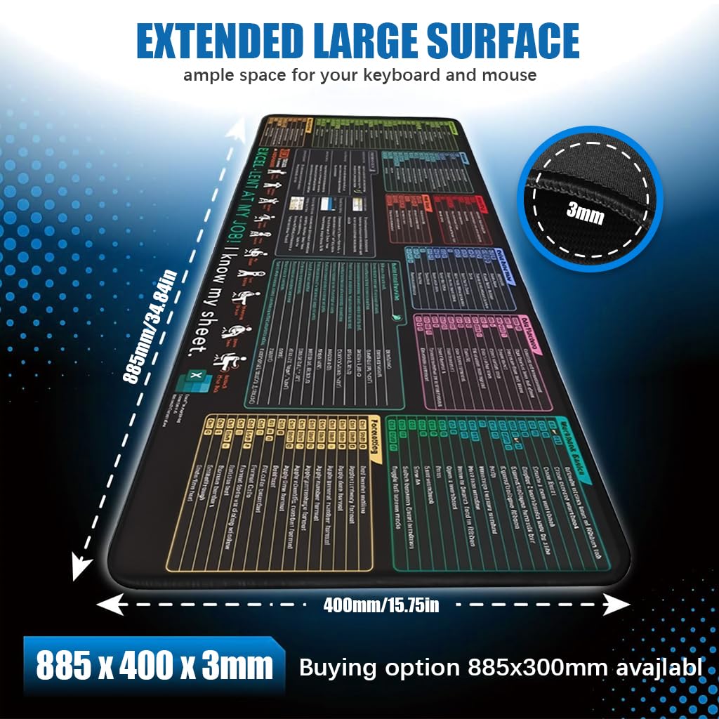 ZORBES Excel Shortcut Keys Mouse Pad for Office Use with Non Slip Rubber Base 40x90x0.3cm