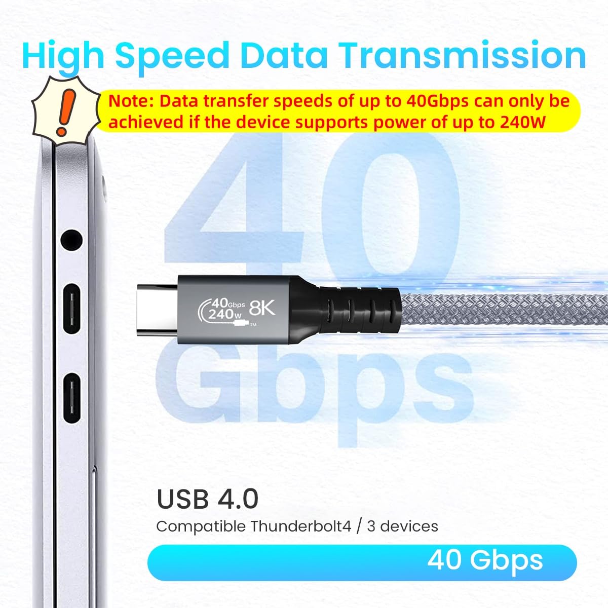 Verilux Type C to Type C Cable for Fast Charging with 240W Power and 40Gbps Transfer | 8K Display and Nylon Braided 4.9ft Design