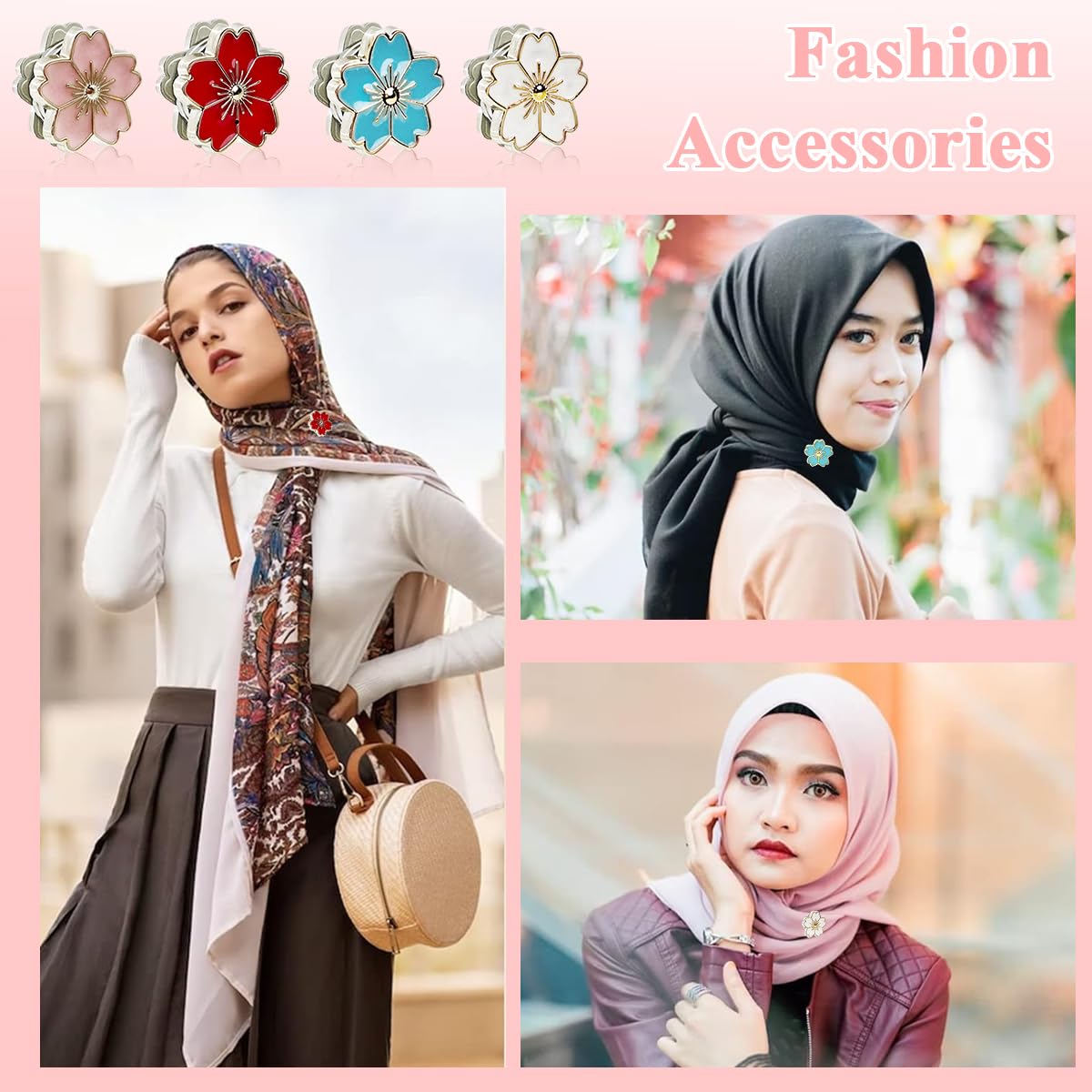 Venzina® 4 Pairs Magnetic Hijab Pins for Scarf Floral Hijab Magnetic Pin Multi-Use Elegant Sakura Pinless Hijab Magnets for Women Scarves