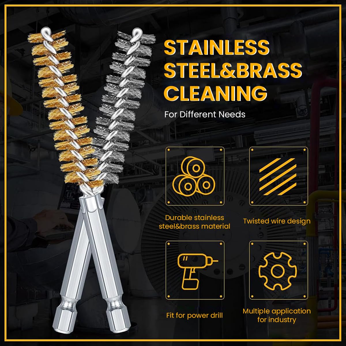 Serplex Bore Brush Set for Drill 12 pcs 1/4 in Hex Shank with Twisted Wire Design | Stainless Steel and Brass Cleaning Tools