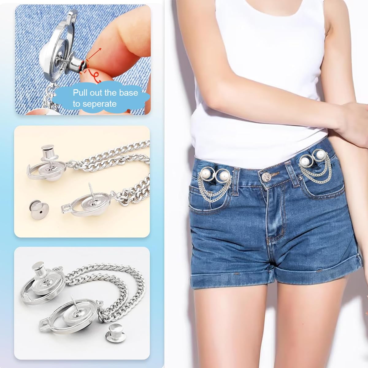 Venzina Adjustable Waist Buckle for Pants with Big Pearl Chain | 2 Pairs Detachable Pin Buttons