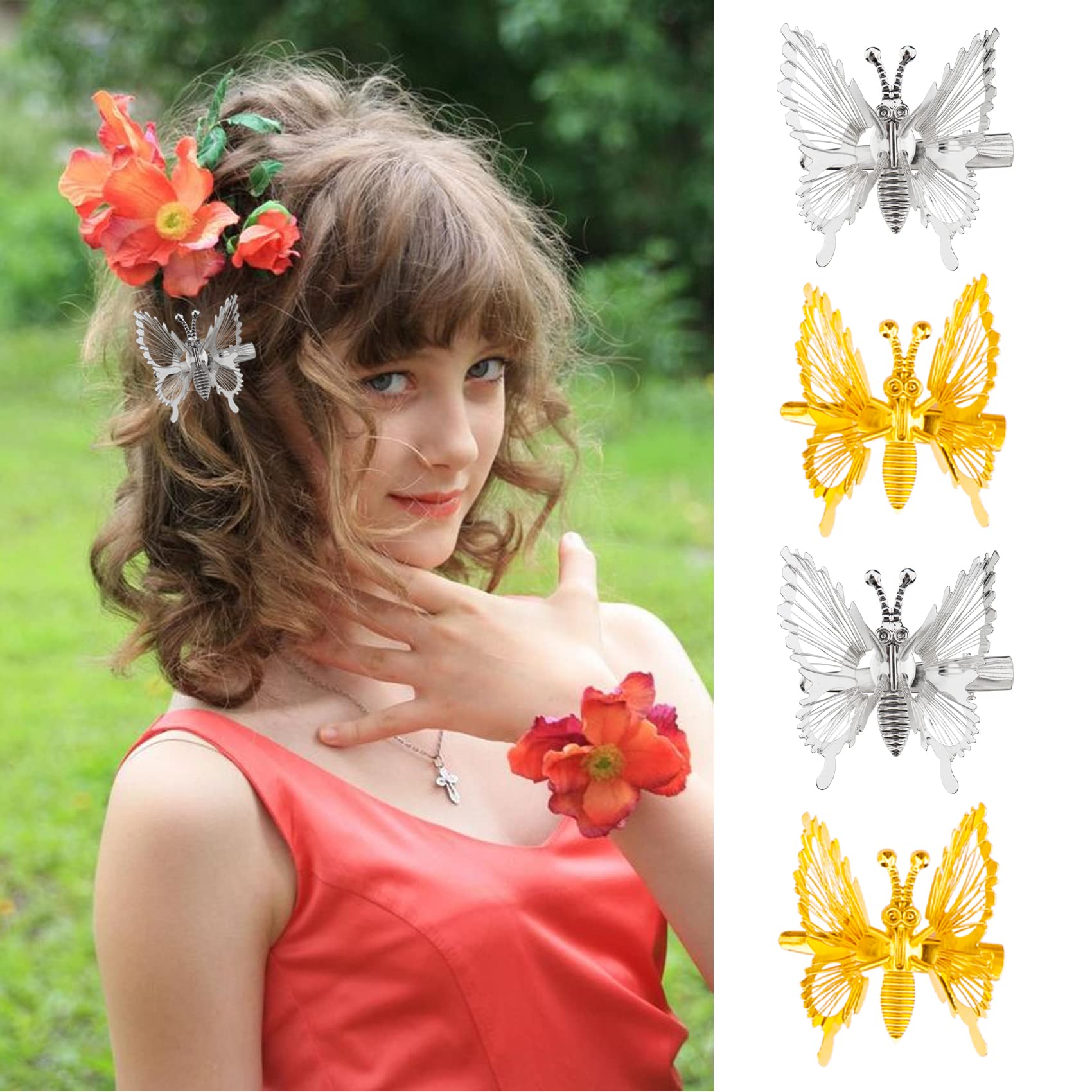 SANNIDHI Butterfly Hair Clips for Women with 3D Flapping Wings Design Gold & Silver Set of 8