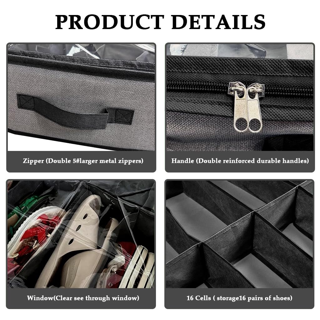 HASTHIP Under Bed Shoe Storage Organizer for 6–12 Pairs with Clear Zip Cover | 75x60x15cm Folding Non Woven Fabric Box