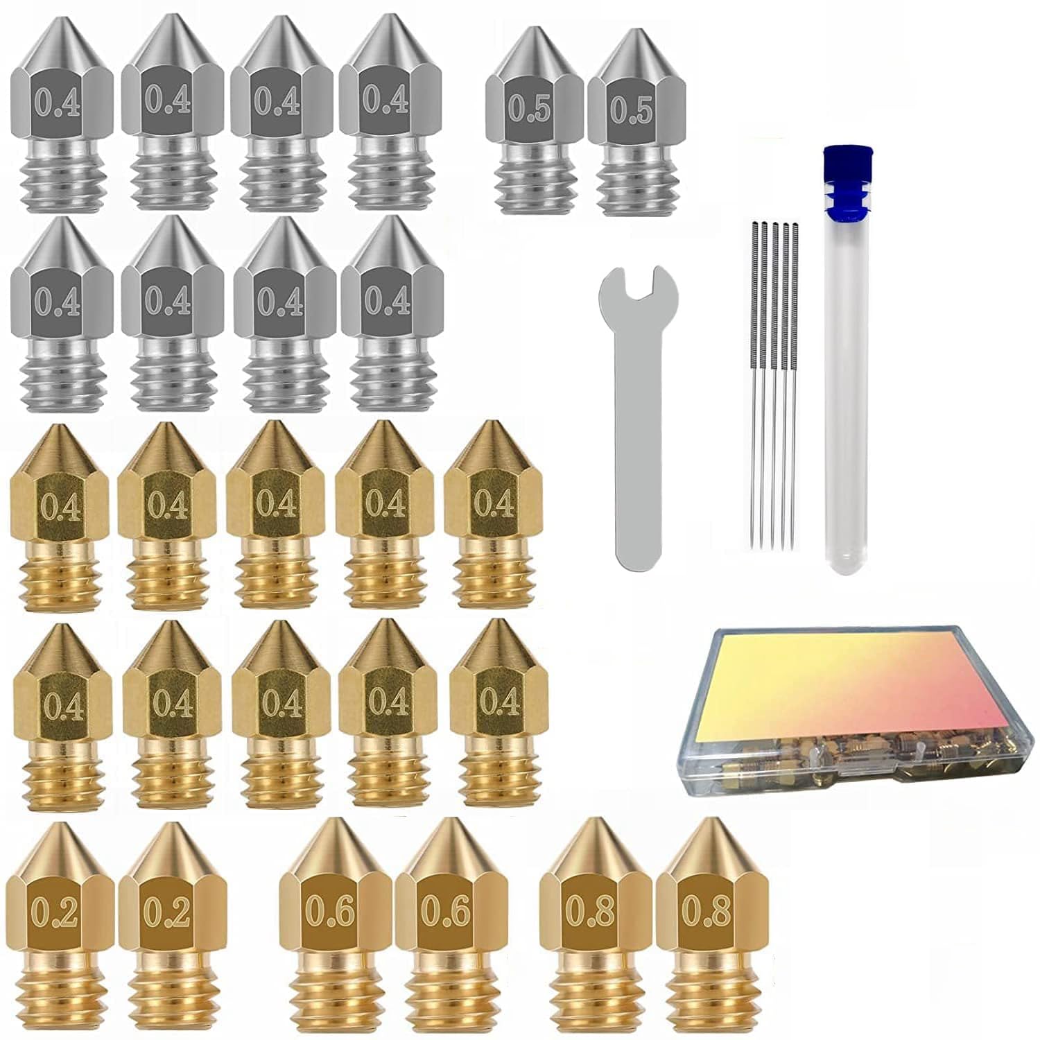 Serplex 3D Printer Nozzle Kit for MK8 Extruder with 32 pcs and 5 sizes 0.2–0.8 mm | Brass and Stainless Steel