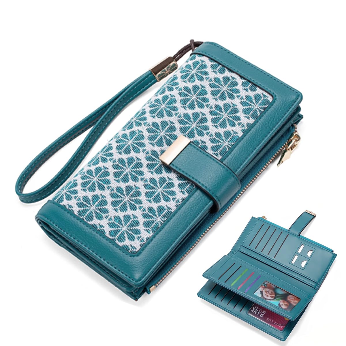 PALAY® Wallets for Women Girls Blue Bi-fold PU Leather Fashion Card Coin Holder Ladies Long Purse Vintage Embroidery Hand Purse Women