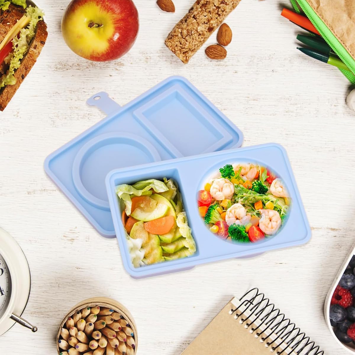 HASTHIP Silicone Salad Dressing Container for Lunch Box with Dual Compartments 5.6x3.4x1.3 in | Leakproof Food Grade Sauce Cup and Spoon Strap