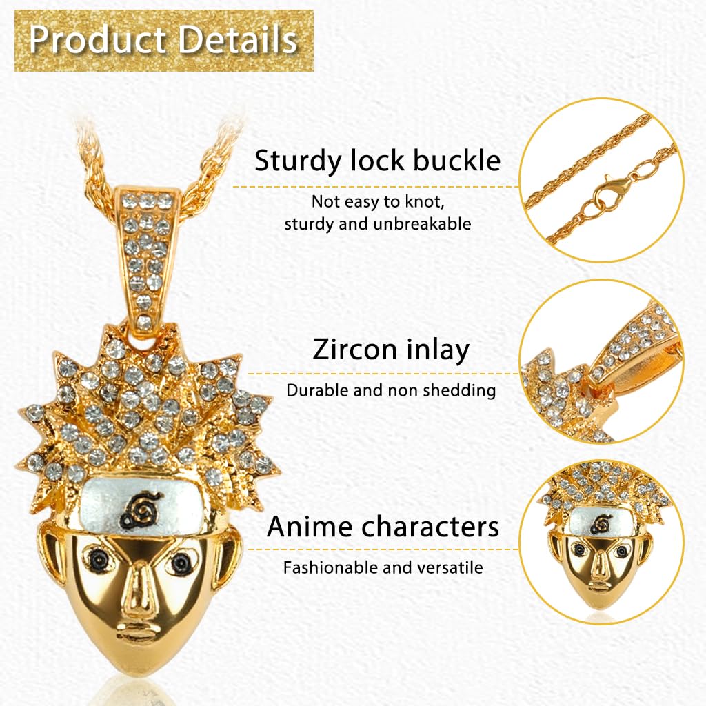 PROBEROS Anime Figure Pendant Necklace with Diamond Embellished Golden Braided Chain | Collectible Jewelry Gift for Fans