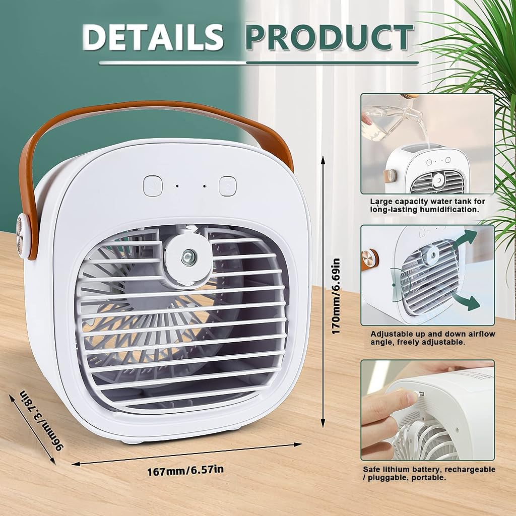 HASTHIP® Mini Air Cooler with 128ml Water Tank, 4000mAh Portable Air Conditioner, Small Evaporative Coolers with Handle/Humidifier/ 3 Speeds Desktop Ice Cube Cooling Fan for Travel, Office and Bedroom