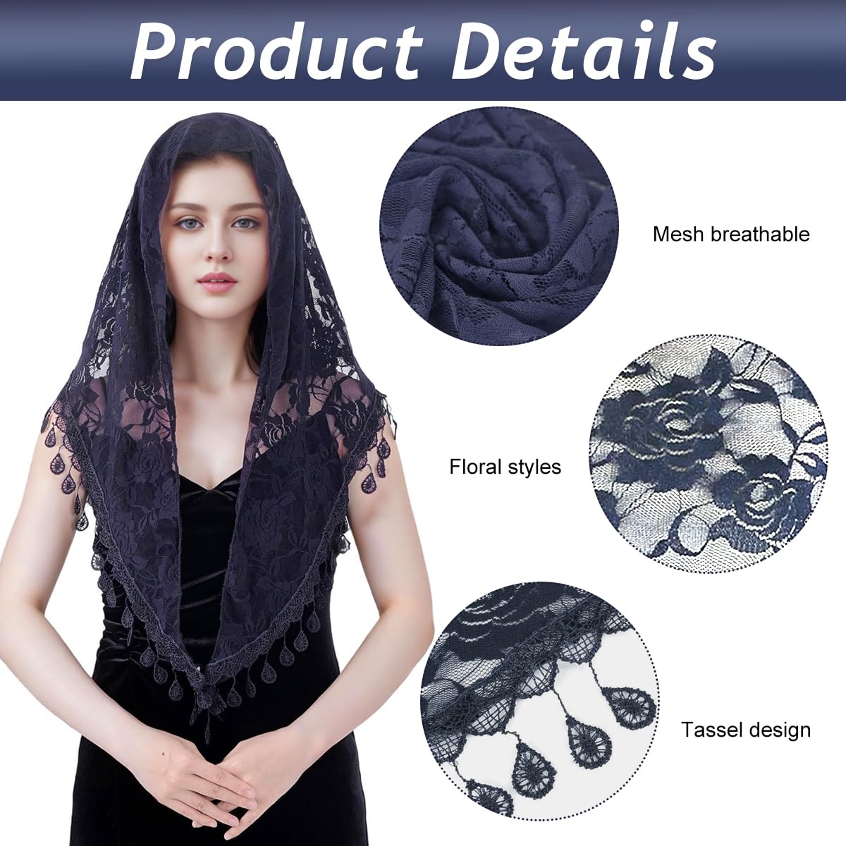 PALAY Lace Mantilla Mass Veil for Women featuring Rose Jacquard and Tassel Hem | Navy Blue