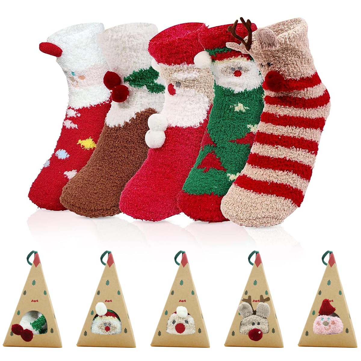 GUSTAVE Christmas Socks Set for Home Wear with 5 Pairs Coral Velvet Warm Ankle Design