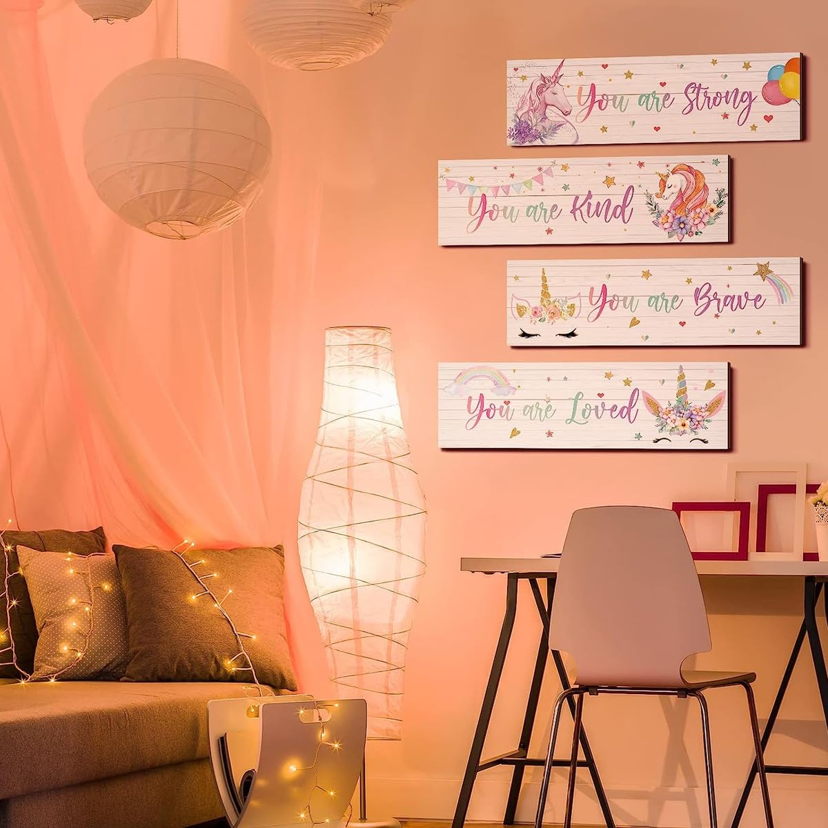 HASTHIP Unicorn Rainbow Wall Decor for Living Room with Dual Hooks and 4 Wooden Boards | Kids and Girls Bedroom Art 11.8 x 3.9 in