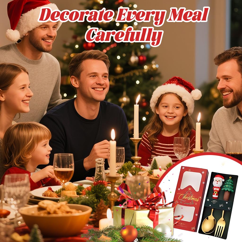 HASTHIP Christmas Spoon and Fork Set for Festive Dining with Santa and Tree Toppers | 2PCS Gold Stainless Steel Flatware in Gift Box