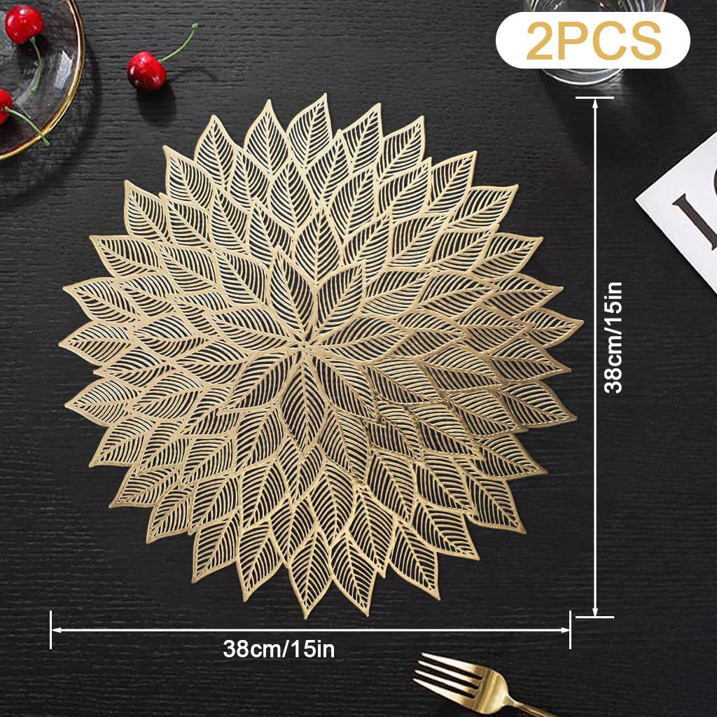 ZIBUYU Round Placemats Set for Dining Table with Floral Cut Out Design 15.75 in Gold | Washable PVC Table Mats