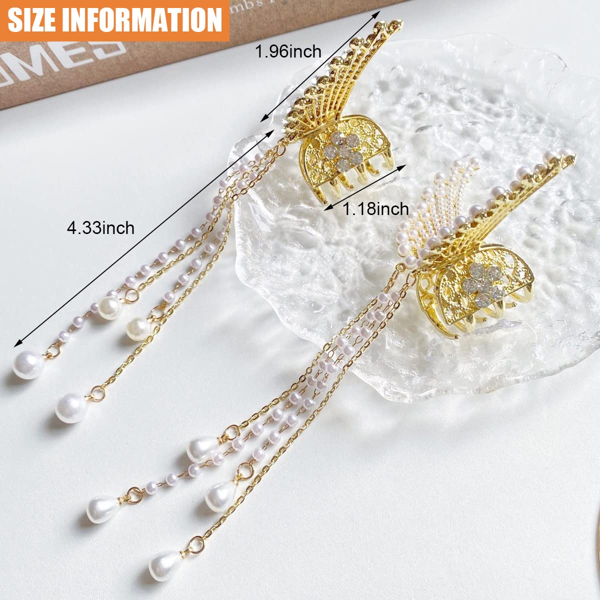 SANNIDHI Butterfly Hair Clips for Women with Crystal Pearl Tassel Design | 1 Pack