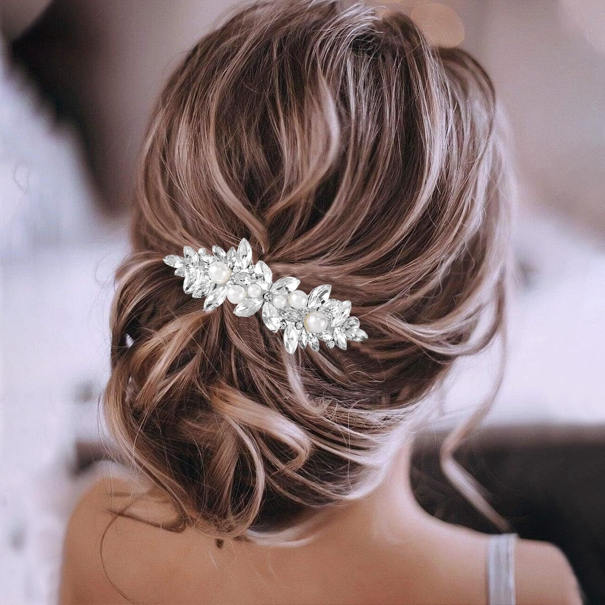MAYCREATE Rhinestone Hair Clips for Wedding and Party with Crystal Pearls | 2Pcs Silver Barrettes