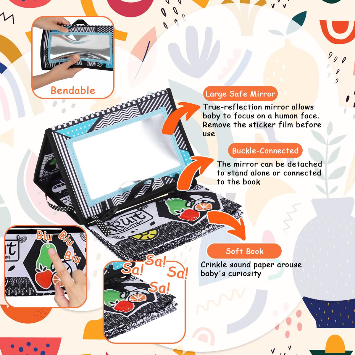 SNOWIE SOFT Baby Cloth Book Toy for Tummy Time with Crinkle Pages Mirror and Teether | Travel Friendly