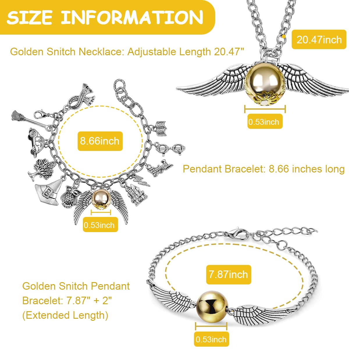 SANNIDHI Golden Snitch Necklace Bracelet Combo Fashion Snitch Pendent Necklace Bracelet Gift for Harry Potter Fans Party Favor Halloween Costume Accessory for Kids