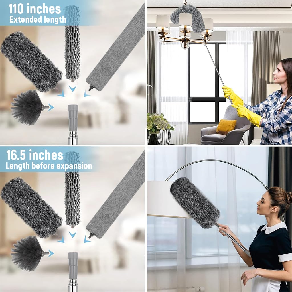 HASTHIP Ceiling Duster for High Ceiling Fans with 2.8m Telescopic Rod and 9‑Piece Kit | Microfiber and Chenille Cleaning Set
