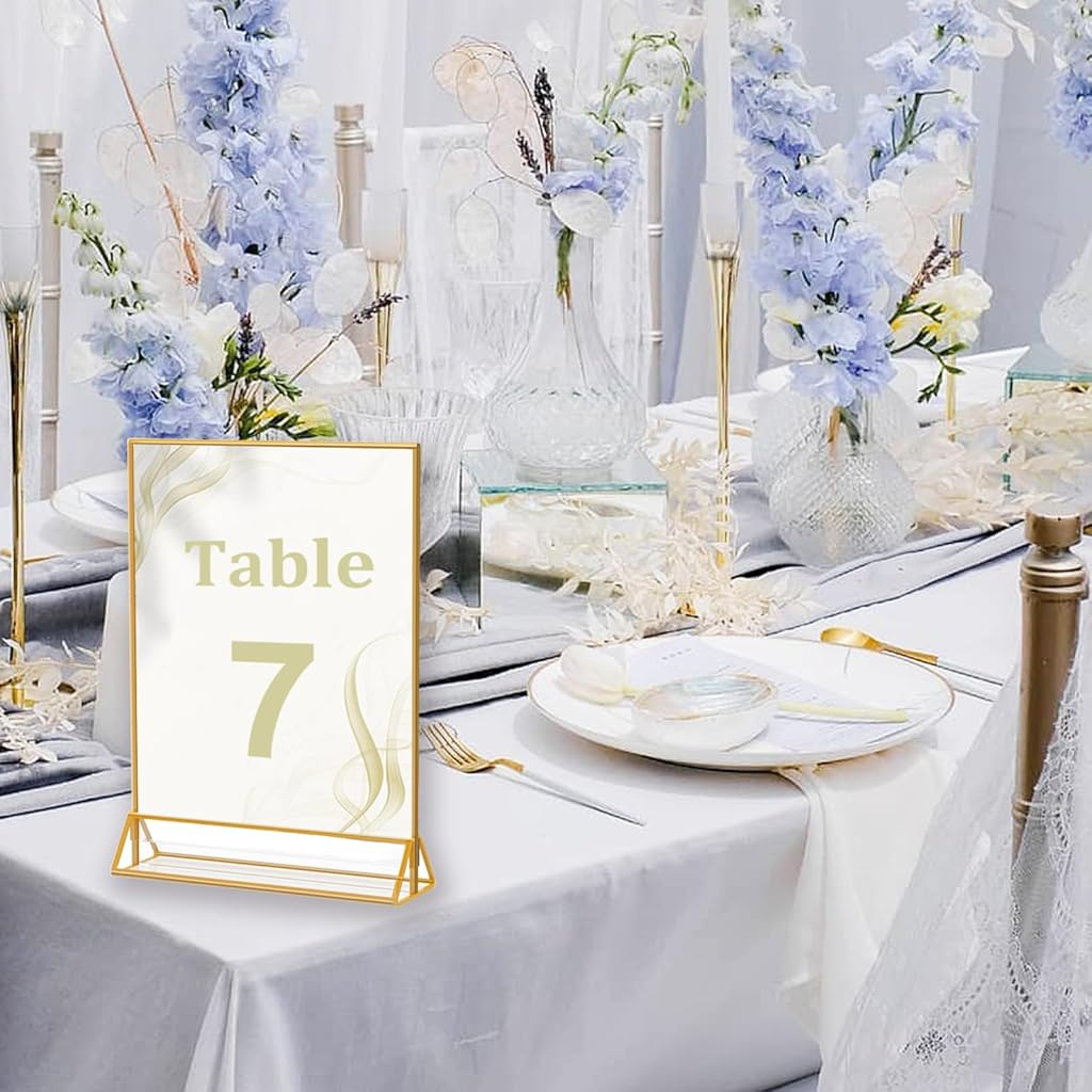 Climberty® 4Pcs Acrylic Sign Holders A4-Sized Golden Framed Sign Holder Double-sided Clear Advertising Flyers Display Stand Table Menu Holders