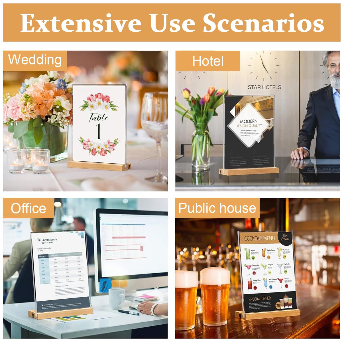 HASTHIP Acrylic Sign Holder for Table Menus with Double Sided Display | 3Pcs 5x7 in Wood Base