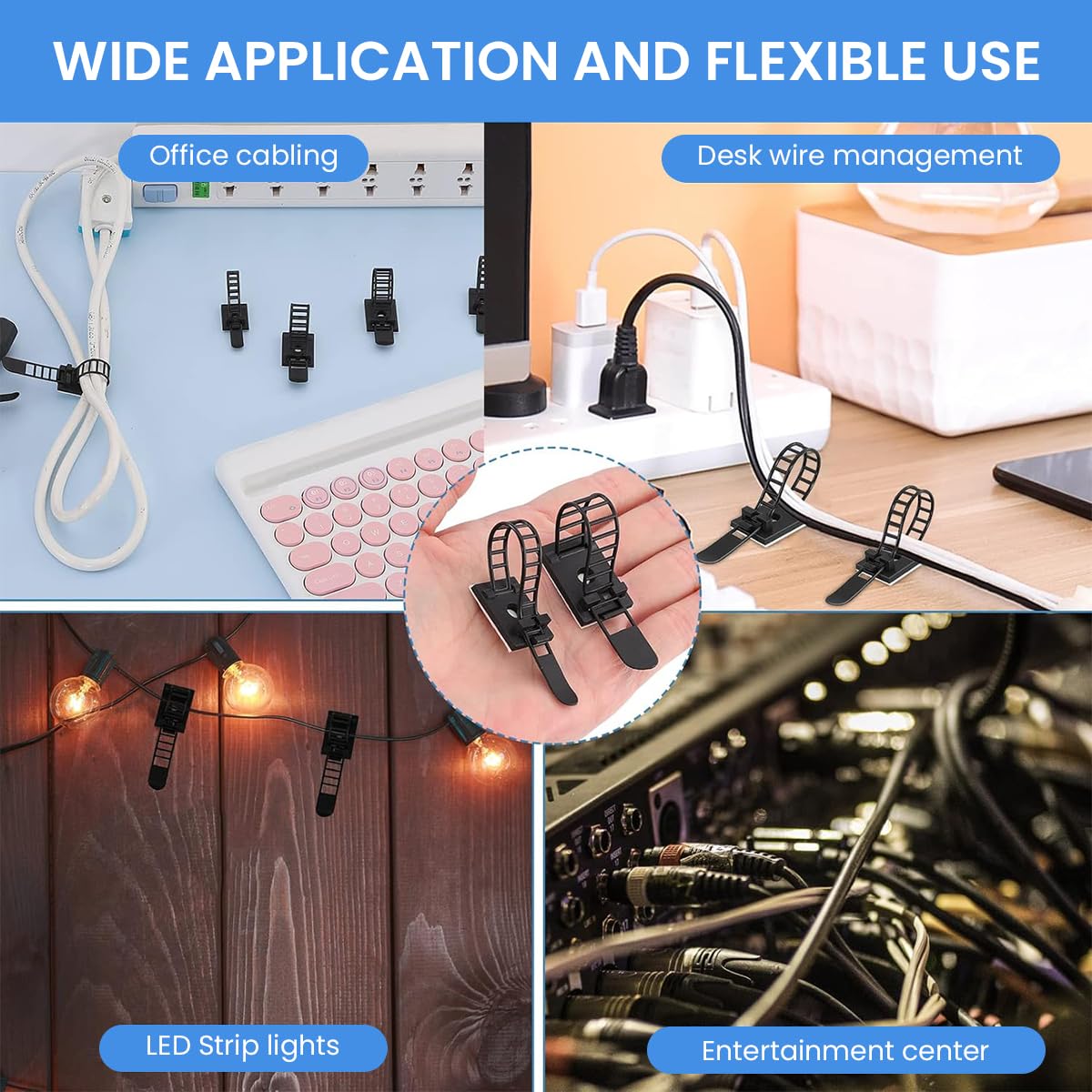 ZORBES Adjustable Cable Ties for Desk and Wire Management with Self Adhesive Base 50 pcs | Releasable Reusable Nylon 3.5 in Holders