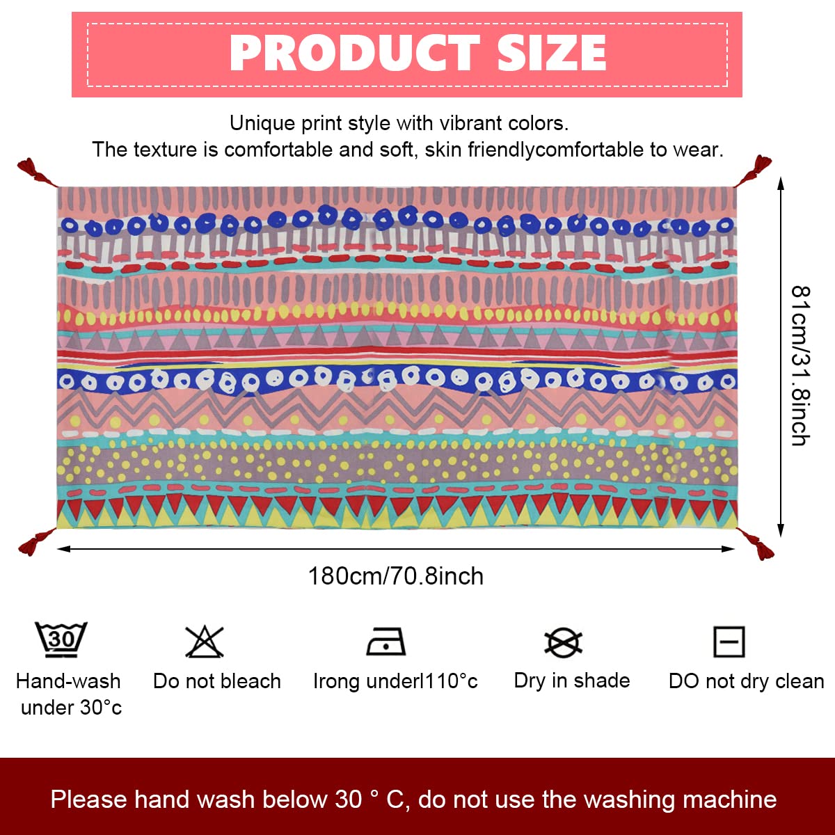 Venzina Long Shawl for Women with Geometric Print and Tassels 180 x 90cm Satin Scarf Wrap