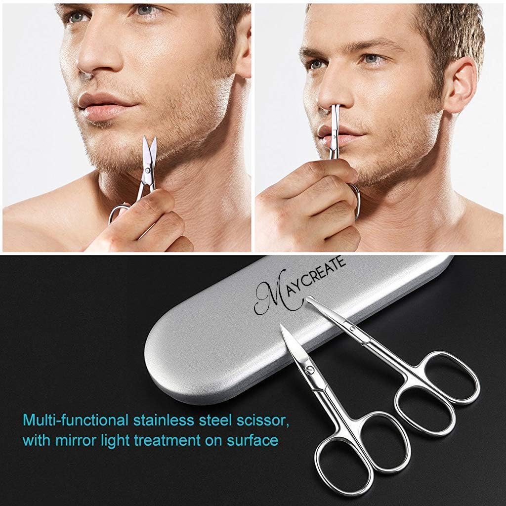 MAYCREATE  Nose Scissors Beard Mustache Eyebrow Trimmer Stainless Steel Set with Storage Box (Silver)