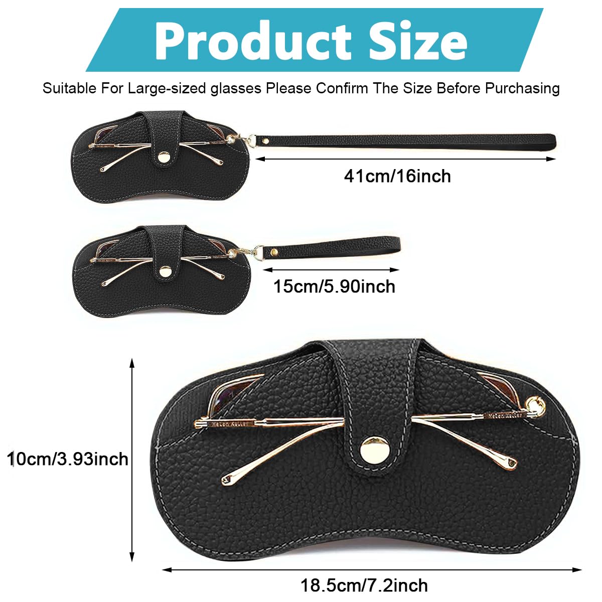 PALAY Sunglasses Case for Travel with 44.5cm Wrist Strap and Snap Button Closure | Black PU Leather