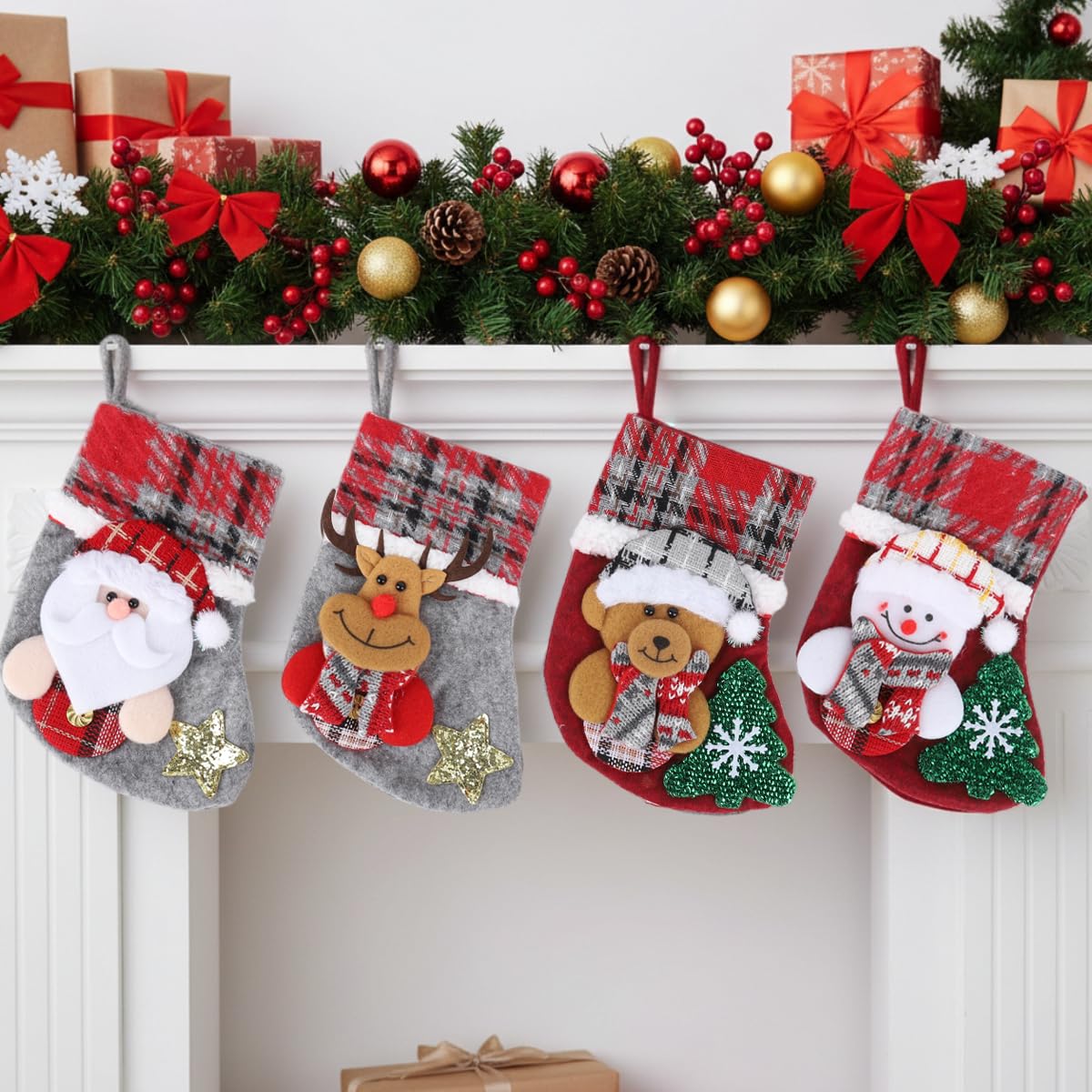 HASTHIP Christmas Stockings Set for Tree and Home with Santa Reindeer Bear Snowman Prints 13x17cm | 4Pcs Fabric Hanging Decorations