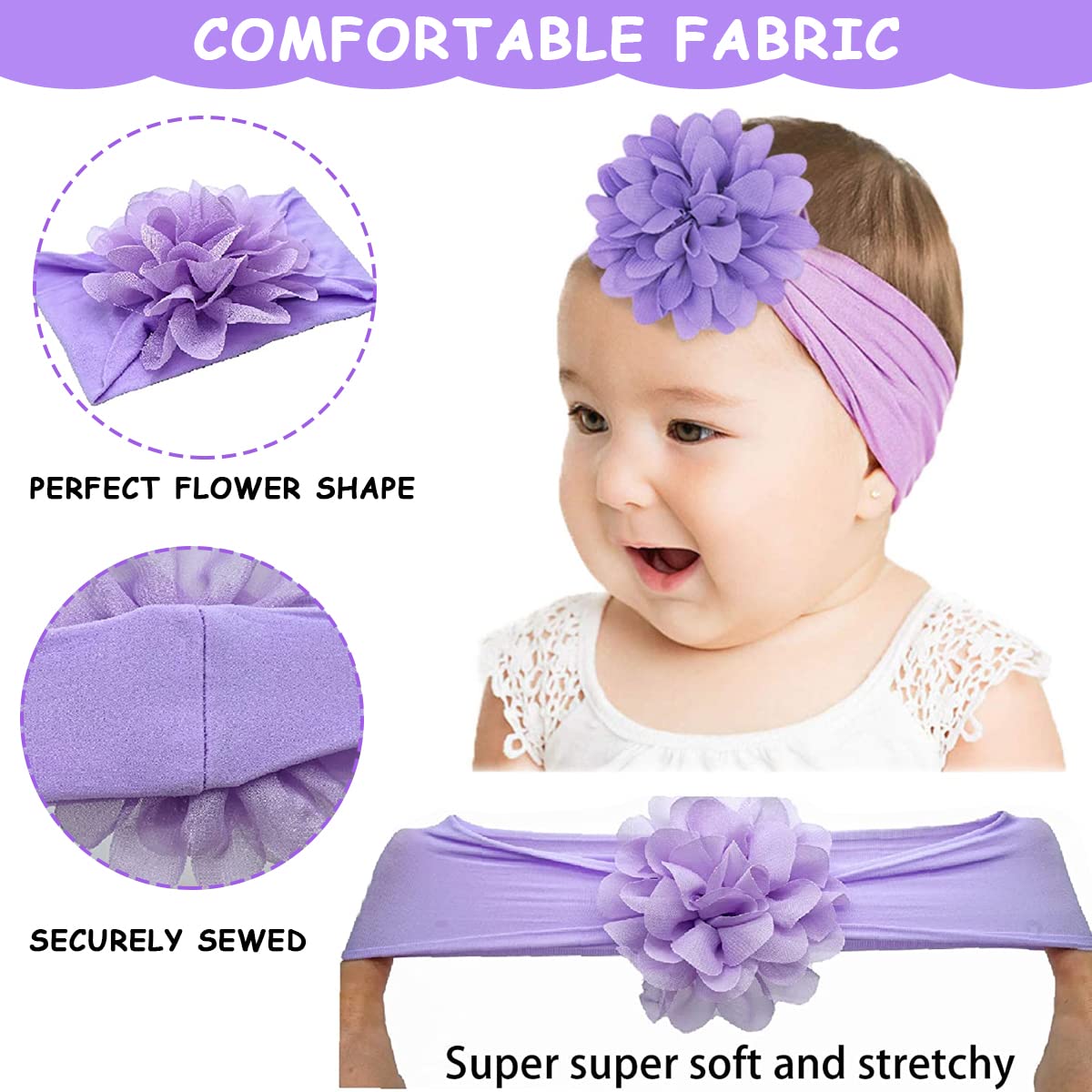 PALAY® 6pcs Baby Girls Headbands Baby Hair Bands Flowers Chiffon Nylon Head Wrap Soft Stretchy Hair Wrap Cute Hair Accessories for Newborn Infant Toddlers Kids