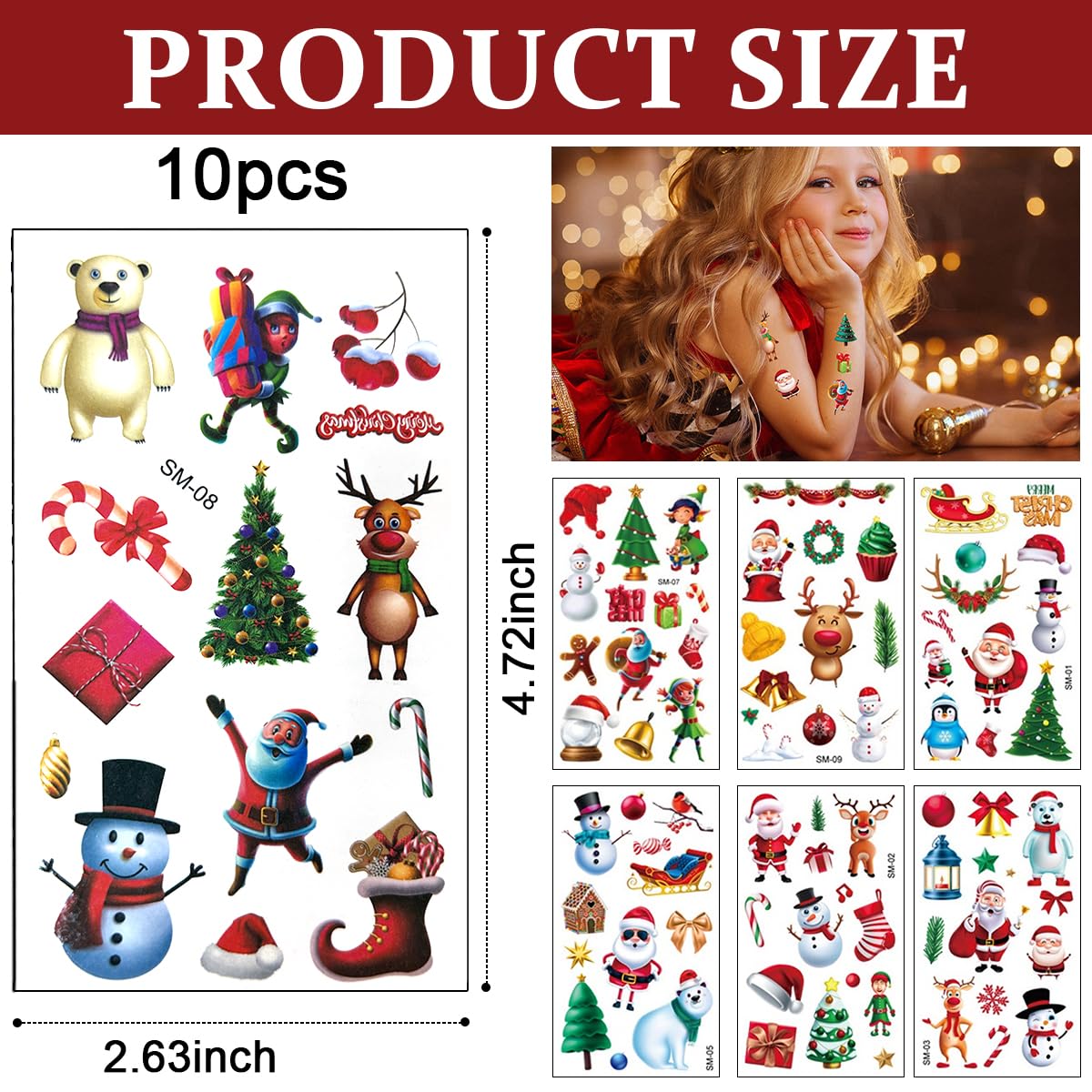 HASTHIP® 10 Sheet Christmas Tattoo Sticker Makeup Tattoo Sticker Cute Face Tattoo Sticker for Christmas Party Fun Christmas Face Sticker for Xmas Makeup, Theme Party