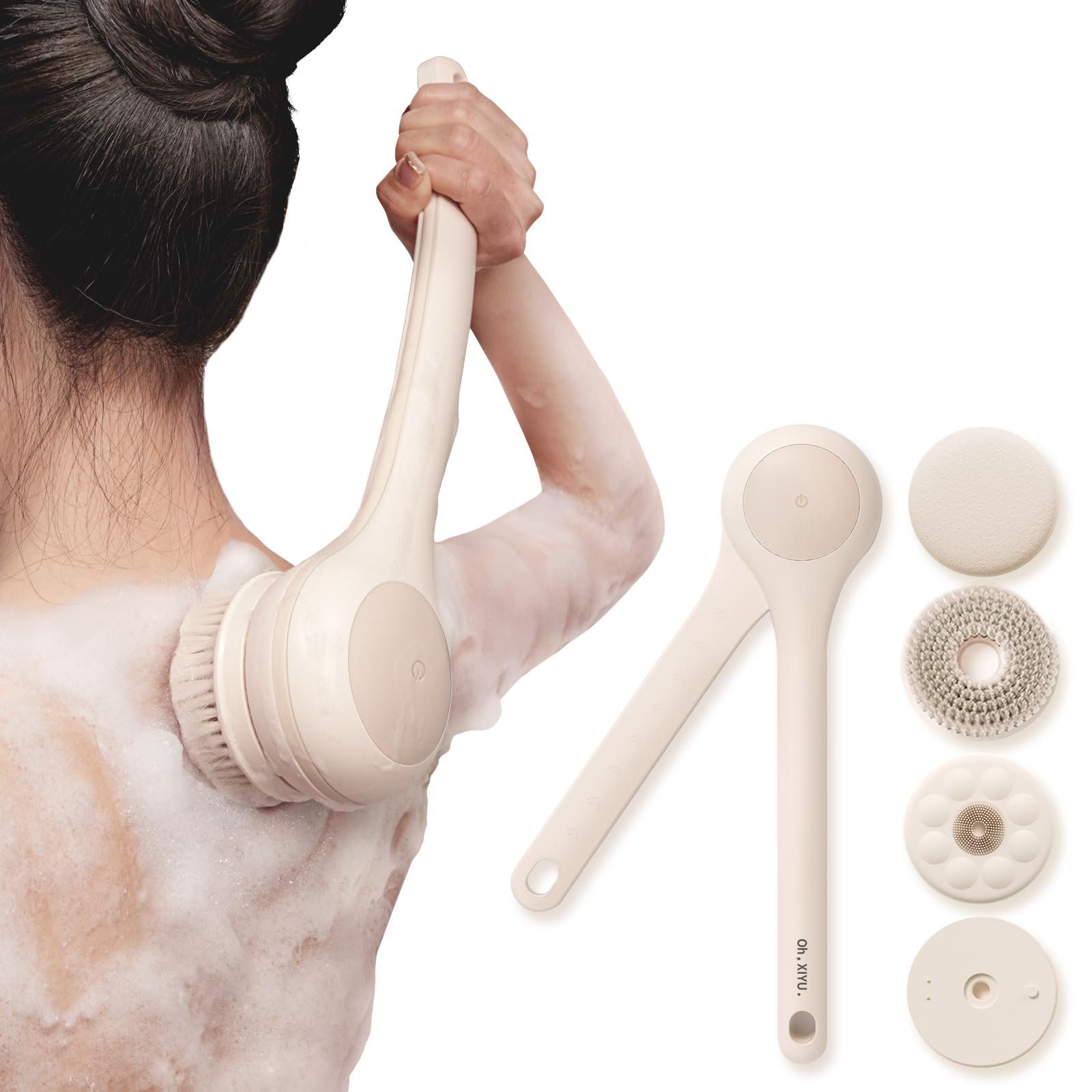 HANNEA® Electric Body Brush Back Scrubber for Shower, Waterproof Long Dual Handle Power Body Scrubber with 3 Heads, Rechargeable Bath Brush & 2 Speeds, for Cleansing, Exfoliating and Massaging