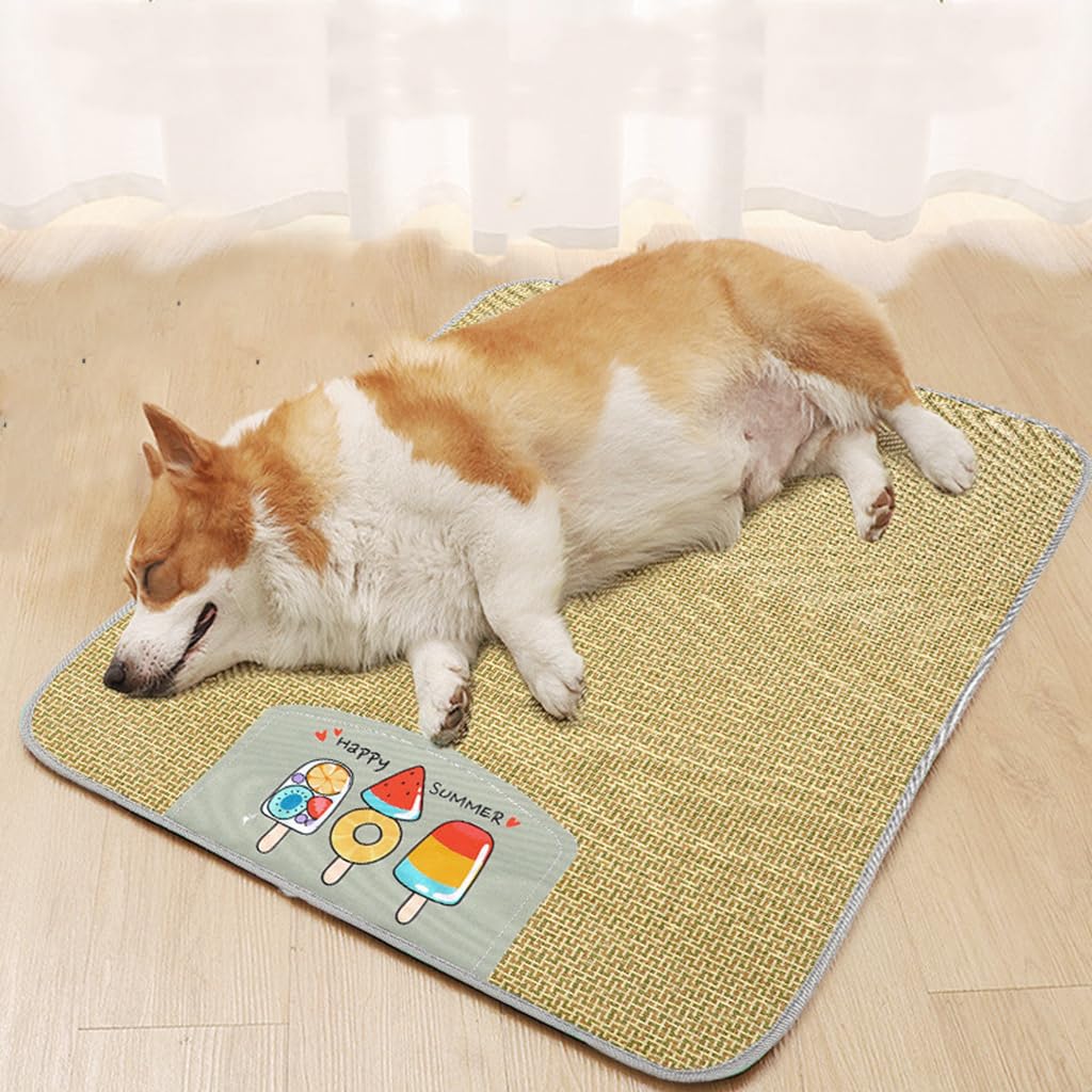 Qpets® Dog Cat Summer Mat & Sleeping Pad Rattan Cushion Pad Cool Summer Pad Sleeping Pet, Anti-Scratch Summer Sleeping Pad, Dog Bed, Waterproof Bottom, Easy to Clean, 75 * 60cm