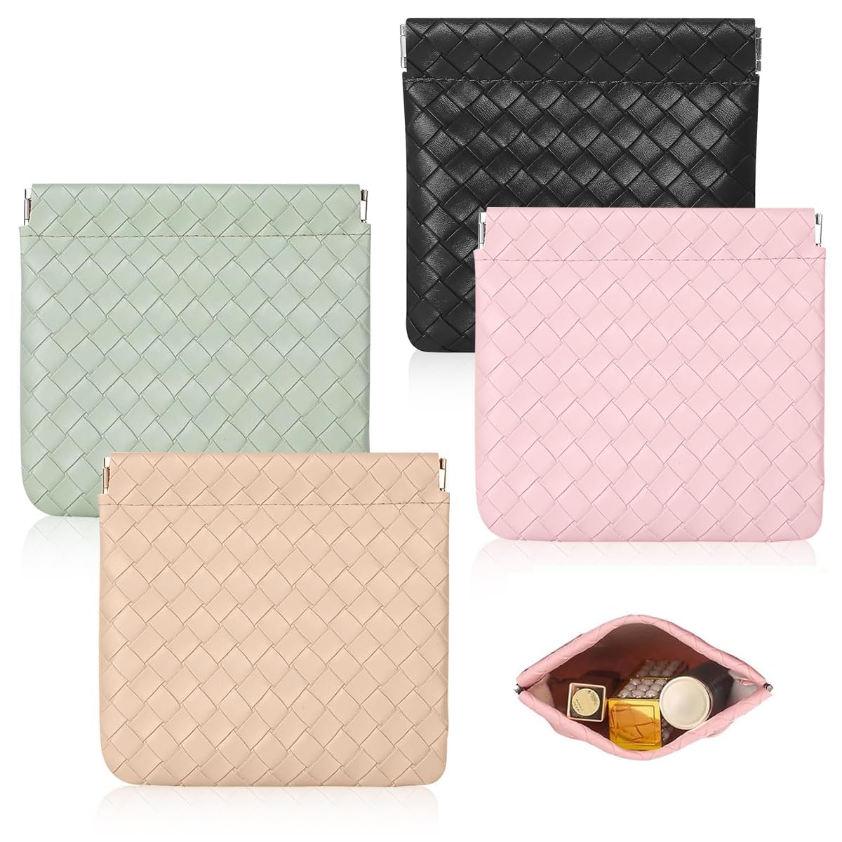 MAYCREATE® Small Makeup Pouch 4Pcs Set, Small Pouches Makeup Bag PU Leather Mini Cosmetic Bag Weave Lipstick Makeup Pouches for Women Pocket Coin Purse Organizer