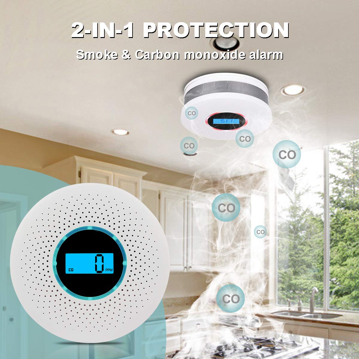 HASTHIP® Smoke Detector 2 in1 Carbon Monoxide & Smoke Detector with Alarm, Fire Alarm Battery Operated with 80db Sound and Light Warning Alarm for Home Bedroom Office