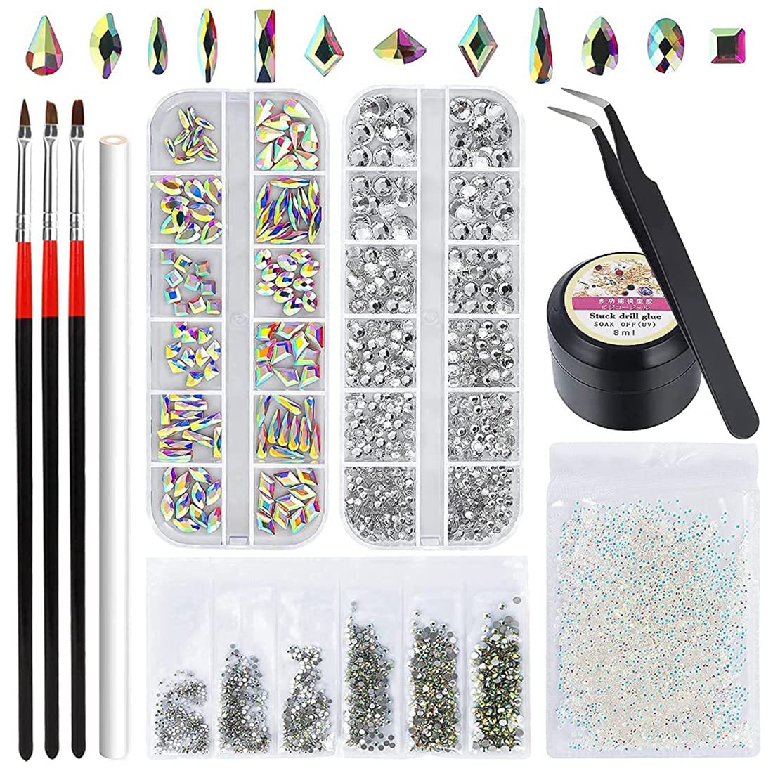 MAYCREATE® Nail Art Rhinestones Kit Colorful Rhinestones Geometry Shape Crystal AB Rhinestones with Glue and Tools Manicure Craft Decoration Nail Art Salon