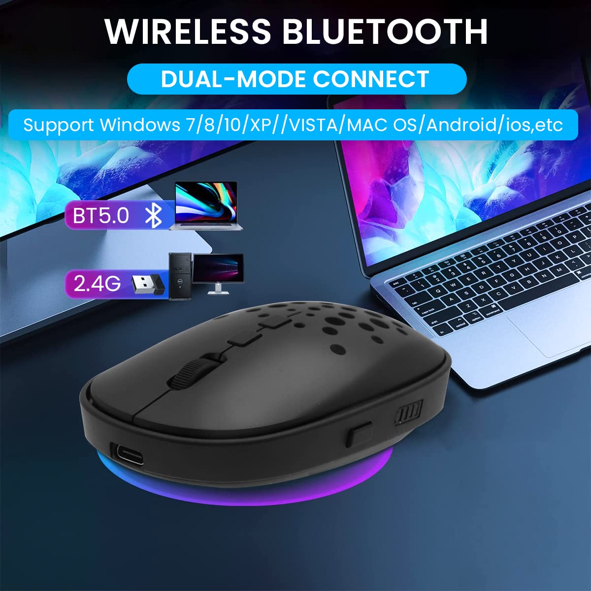 Verilux Wireless?Mouse?for?Laptops, Dual Mode Slient Bluetooth Mouse with 2.4Ghz Nano, Optical Cordless Rechargeable Mouse with 3 Adjustable DPI, Battery Indicator for PC Laptop MacBook Air Pro iPad