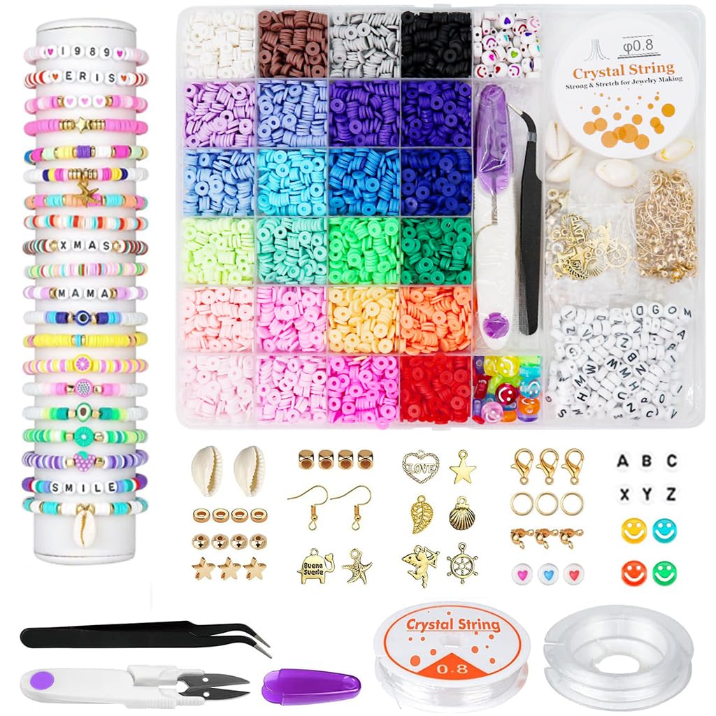 SANNIDHI® 6000Pcs Clay Beads for Bracelet Making 24 Color Flat Polymer Beads Letter Beads for Jewellery Making Kit, Heart Smile Face Gold Beads with Charms and Tools Set for Girls Women DIY Crafts