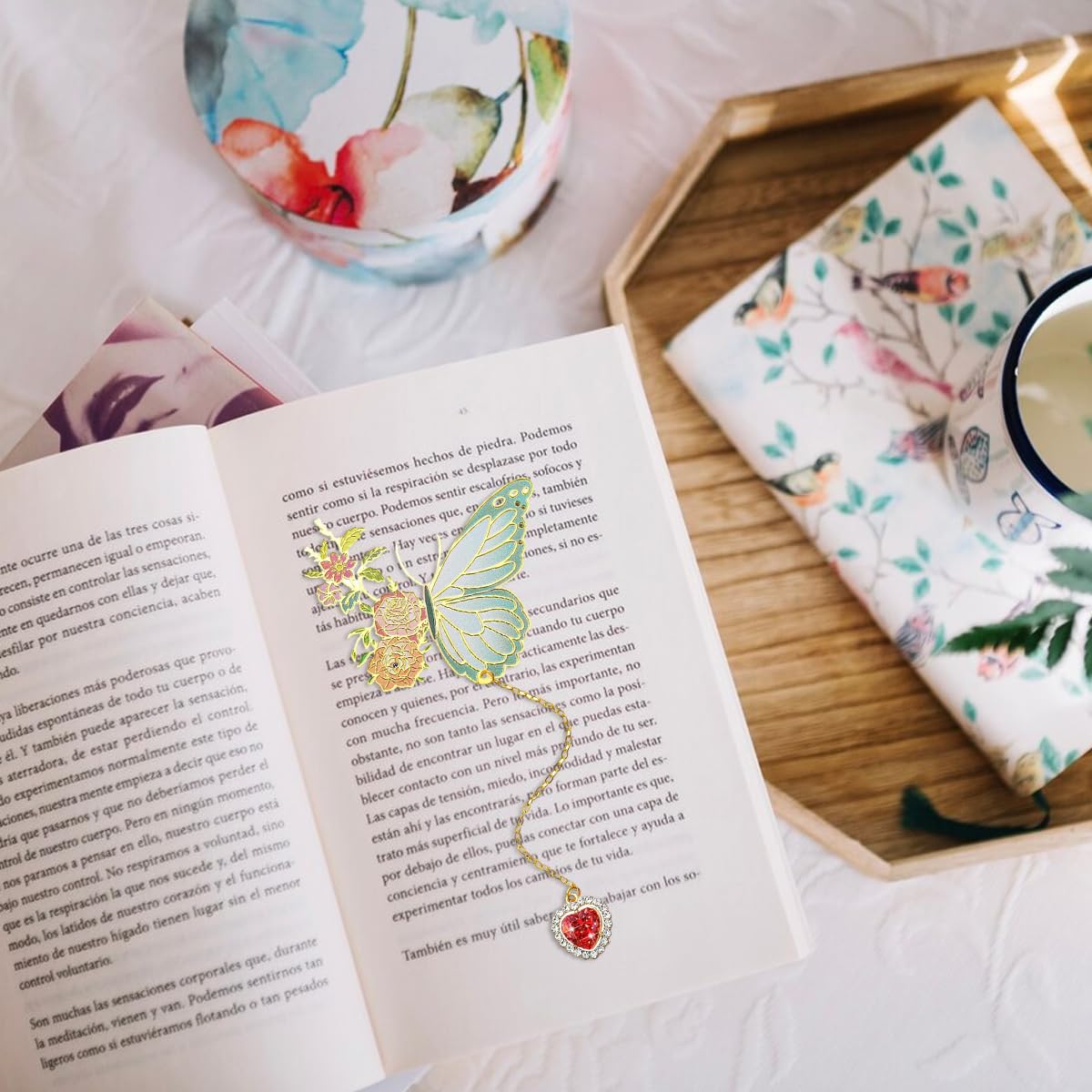 Climberty Metal Butterfly Bookmark with Red Heart Chain Pendant for Women | 2 PCS Copper Set