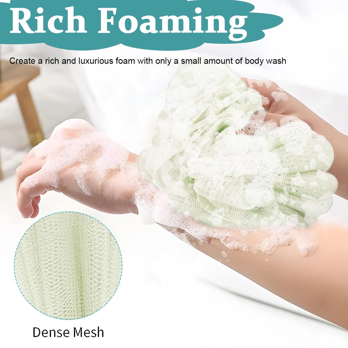 MAYCREATE Bath Shower Loofah Sponge 2 Pack with Dual Rope Handles 24–100 cm | Navy and Green Exfoliating Back Scrubber for Women and Men