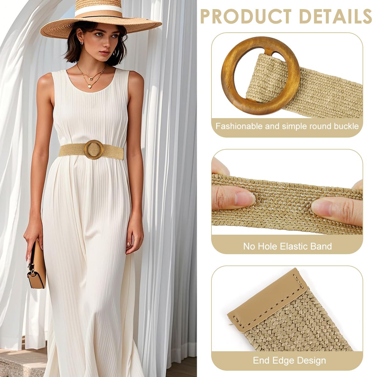 SANNIDHI Belt for Women featuring 37 in Adjustable Fit with Wooden Ring Buckle | Beige Woven Rattan Boho Waist Accessory
