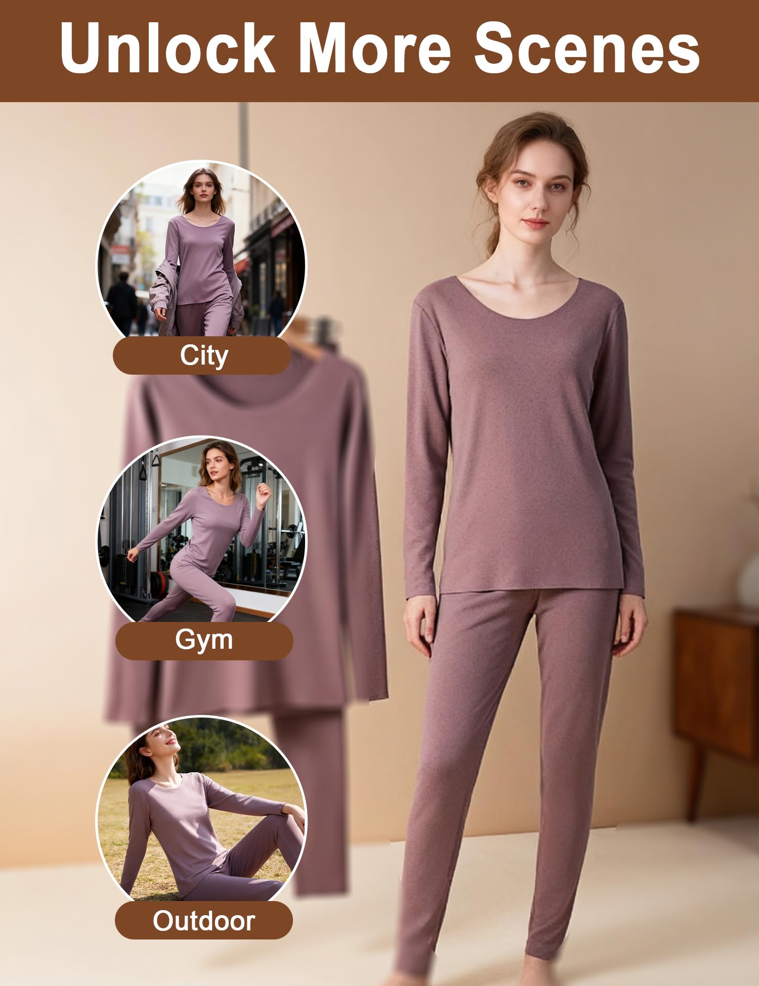 Venzina Women's Seamless Thermal Wear Set for Cold Weather with Double-Sided Fleece | Ultra Soft Crew Neck Base Layer in Coffee XL