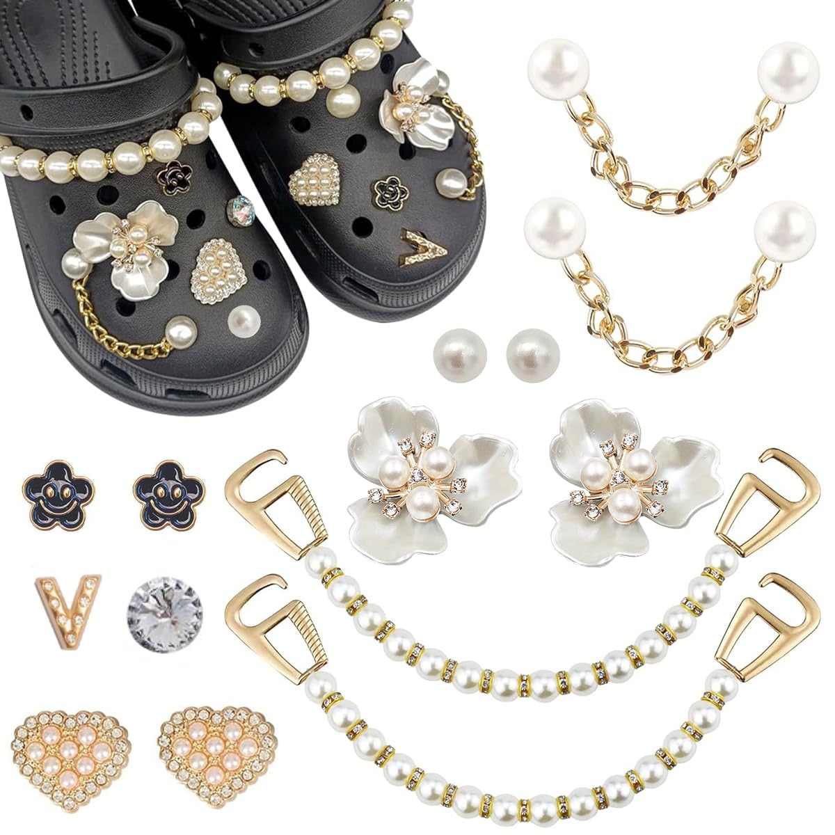 HASTHIP® 18pcs Girly Jewelry Shoe Charms for Clog Slides Sandals, DIY Flower Pearl Shoe Decoration Charm Accessories for Girls Women, Party Favors Birthday Gifts