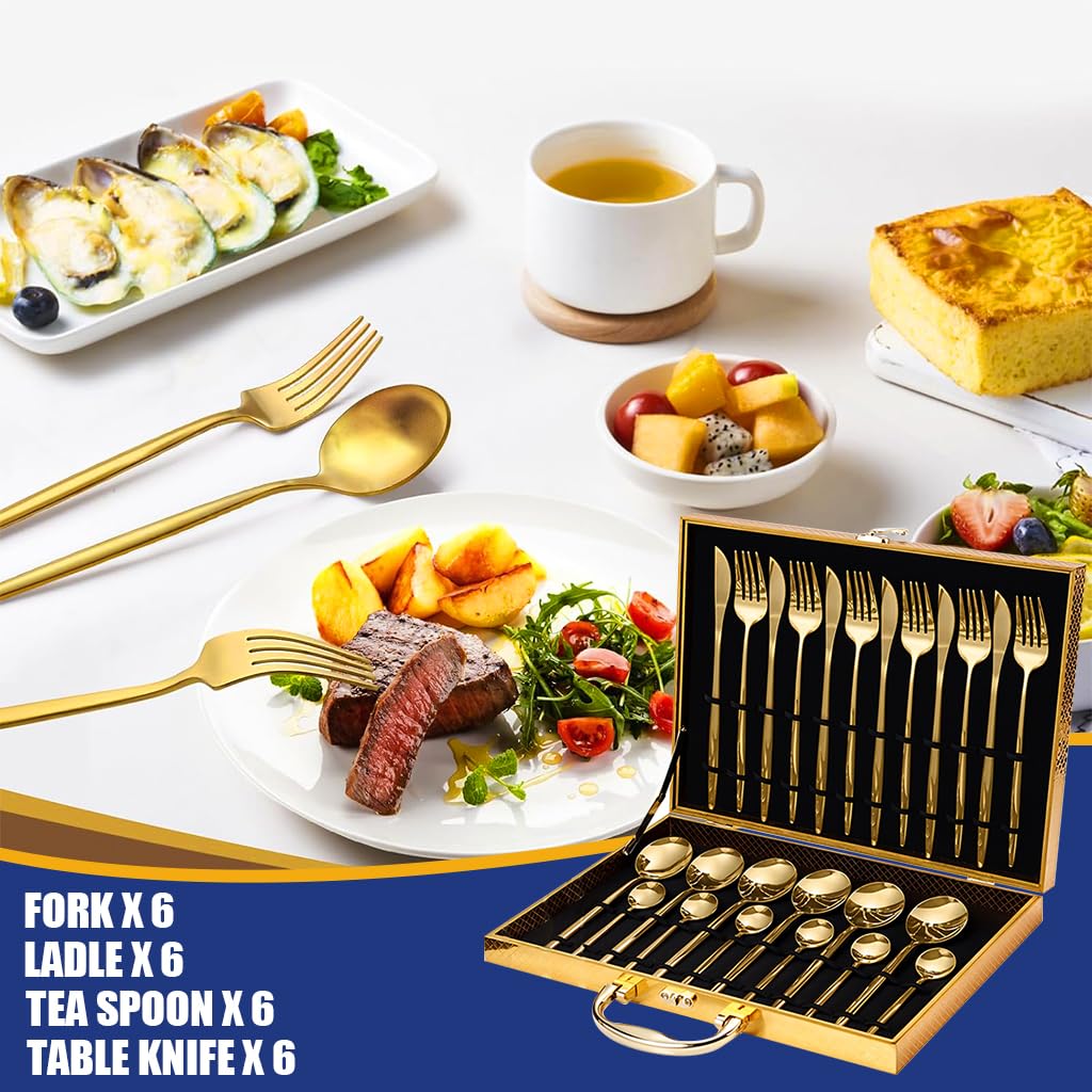 Supvox Gold Silverware Flatware Set for 6 with 24 Pieces and Ergonomic Handles | Stainless Steel Tableware for Home and Restaurant